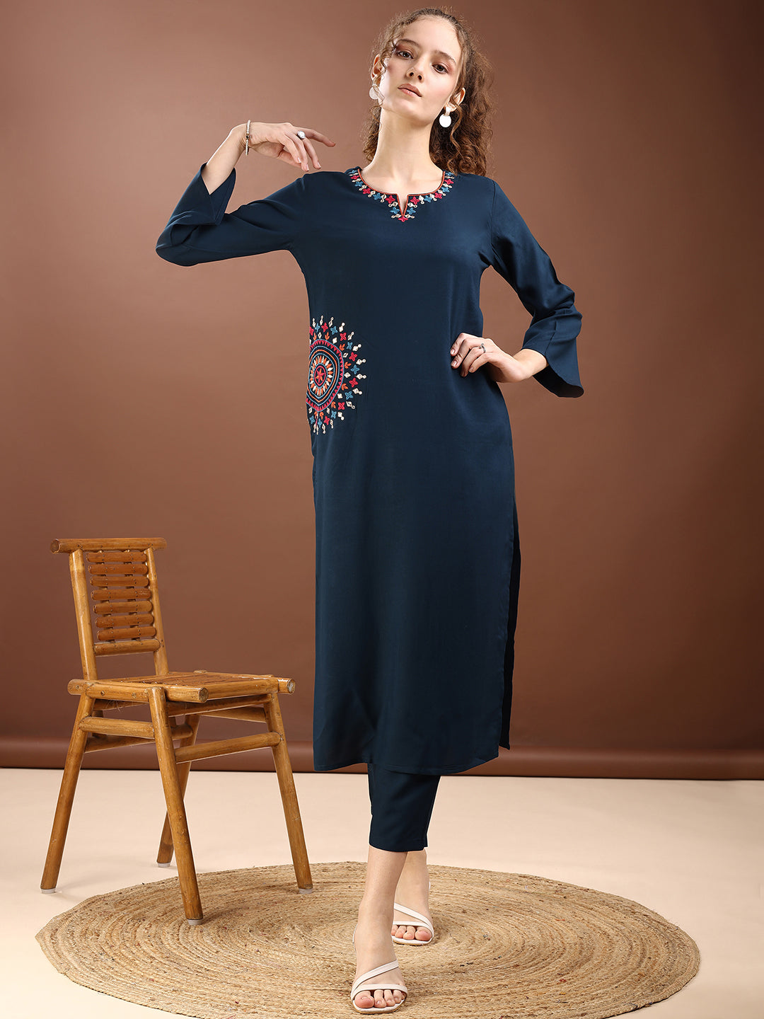 Teal Blue Colored Placement Embroidered Rayon A-Line Kurta With Trousers Co-ords Set